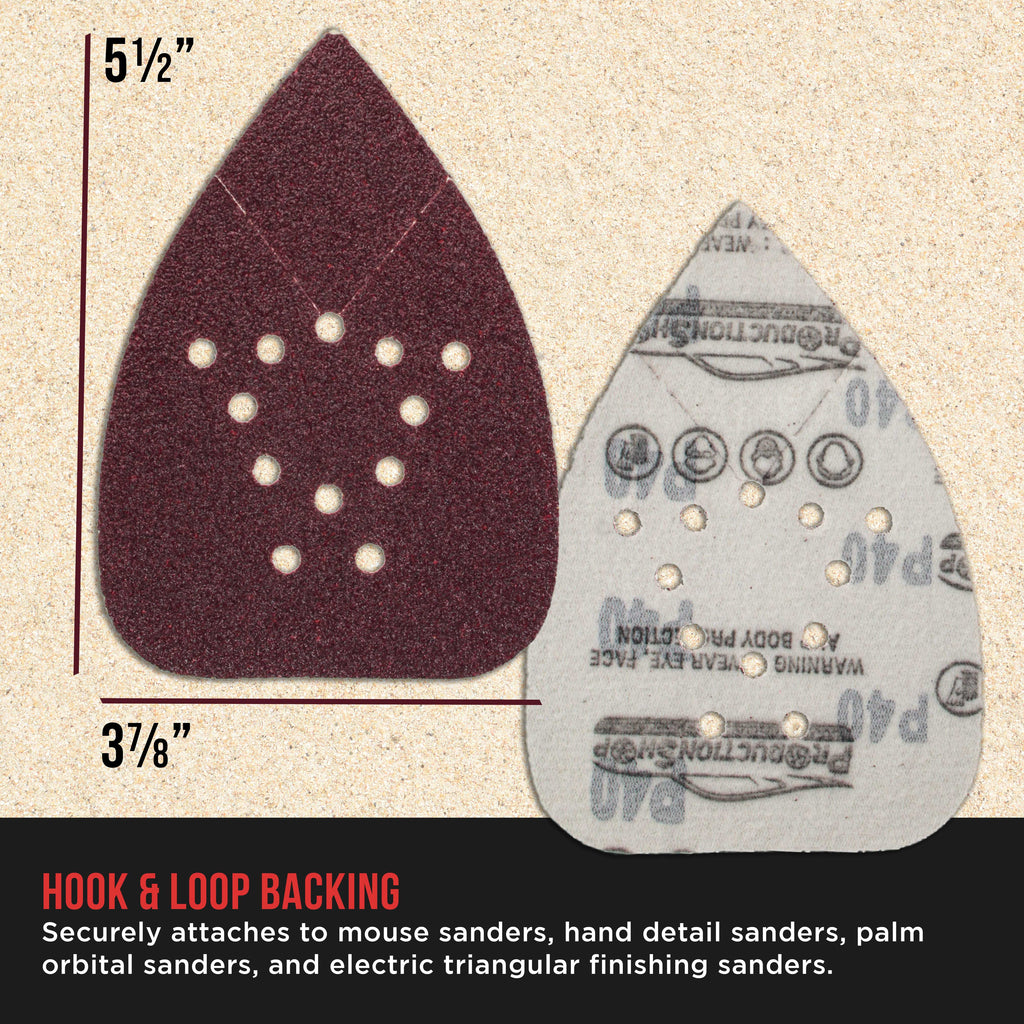 Premium 12-Hole Pattern Mouse Detail Sander Sandpaper Sheets, 50 Disc Variety Pack, Grits 40, 80, 100, 120, 180, 220, 320, 400, 600, 800 - Hook & Loop Disc