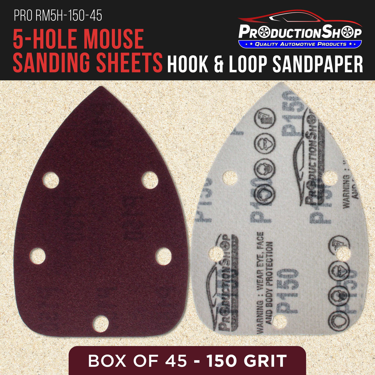 Premium 150 Grit 5-Hole Pattern Mouse Detail Sander Sandpaper Sheets, Box of 45 - Dustless Hook & Loop Triangle Shaped Mouse Disc Pads
