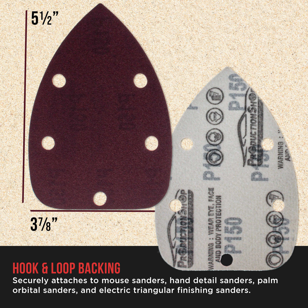 Premium 150 Grit 5-Hole Pattern Mouse Detail Sander Sandpaper Sheets, Box of 45 - Dustless Hook & Loop Triangle Shaped Mouse Disc Pads