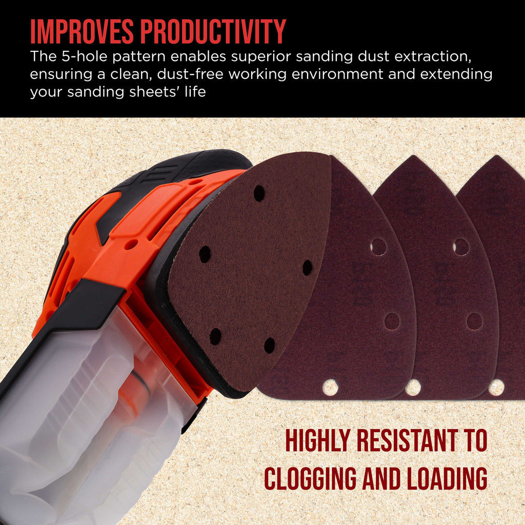 Premium 150 Grit 5-Hole Pattern Mouse Detail Sander Sandpaper Sheets, Box of 45 - Dustless Hook & Loop Triangle Shaped Mouse Disc Pads