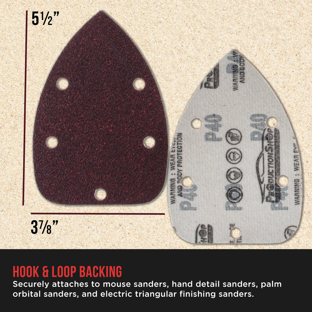 Premium 40 Grit 5-Hole Pattern Mouse Detail Sander Sandpaper Sheets, Box of 30 - Dustless Hook & Loop Triangle Shaped Mouse Disc Pads