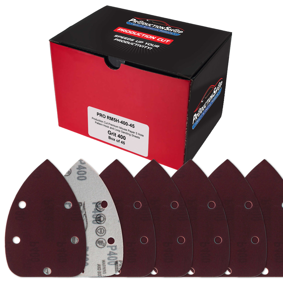 Premium 400 Grit 5-Hole Pattern Mouse Detail Sander Sandpaper Sheets, Box of 45 - Dustless Hook & Loop Triangle Shaped Mouse Disc Pads
