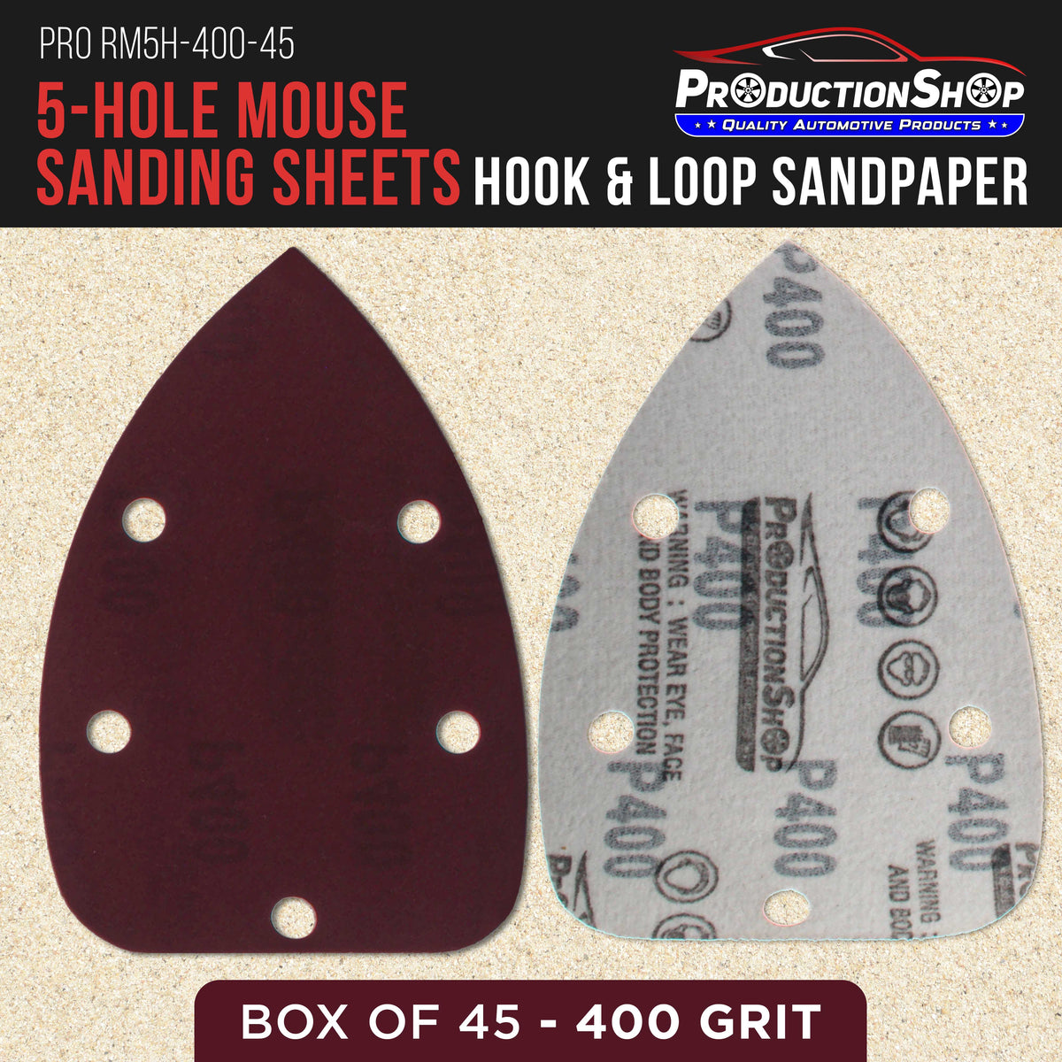 Premium 400 Grit 5-Hole Pattern Mouse Detail Sander Sandpaper Sheets, Box of 45 - Dustless Hook & Loop Triangle Shaped Mouse Disc Pads
