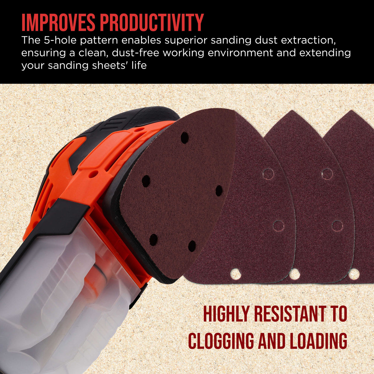 Premium 80 Grit 5-Hole Pattern Mouse Detail Sander Sandpaper Sheets, Box of 45 - Dustless Hook & Loop Triangle Shaped Mouse Disc Pads