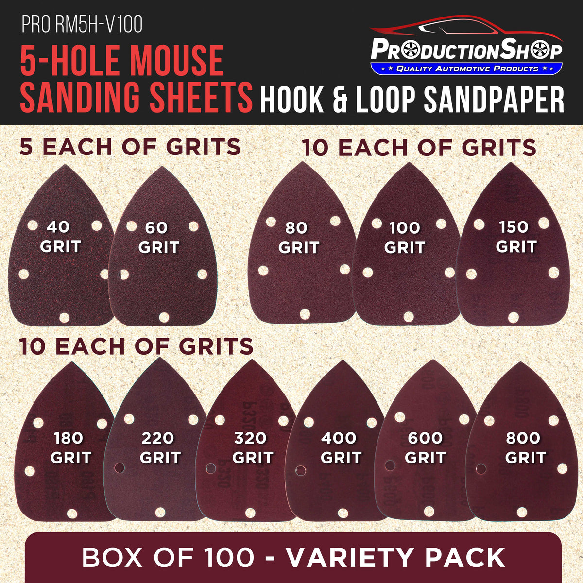 Premium 5-Hole Pattern Mouse Detail Sander Sandpaper Sheets, 100 Disc Variety Pack, Grits 40, 60, 80, 100, 150, 180, 220, 320, 400, 600, 800 - Hook & Loop Disc