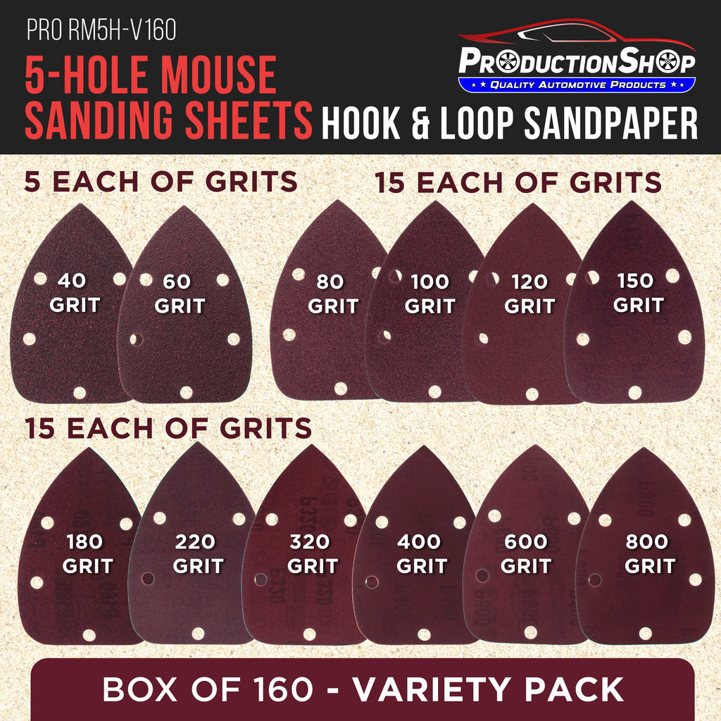 Premium 5-Hole Pattern Mouse Detail Sander Sandpaper Sheets, 160 Disc Variety Pack, Grits 40, 60, 80, 100, 120, 150, 180, 220, 320, 400, 600, 800 - Hook & Loop