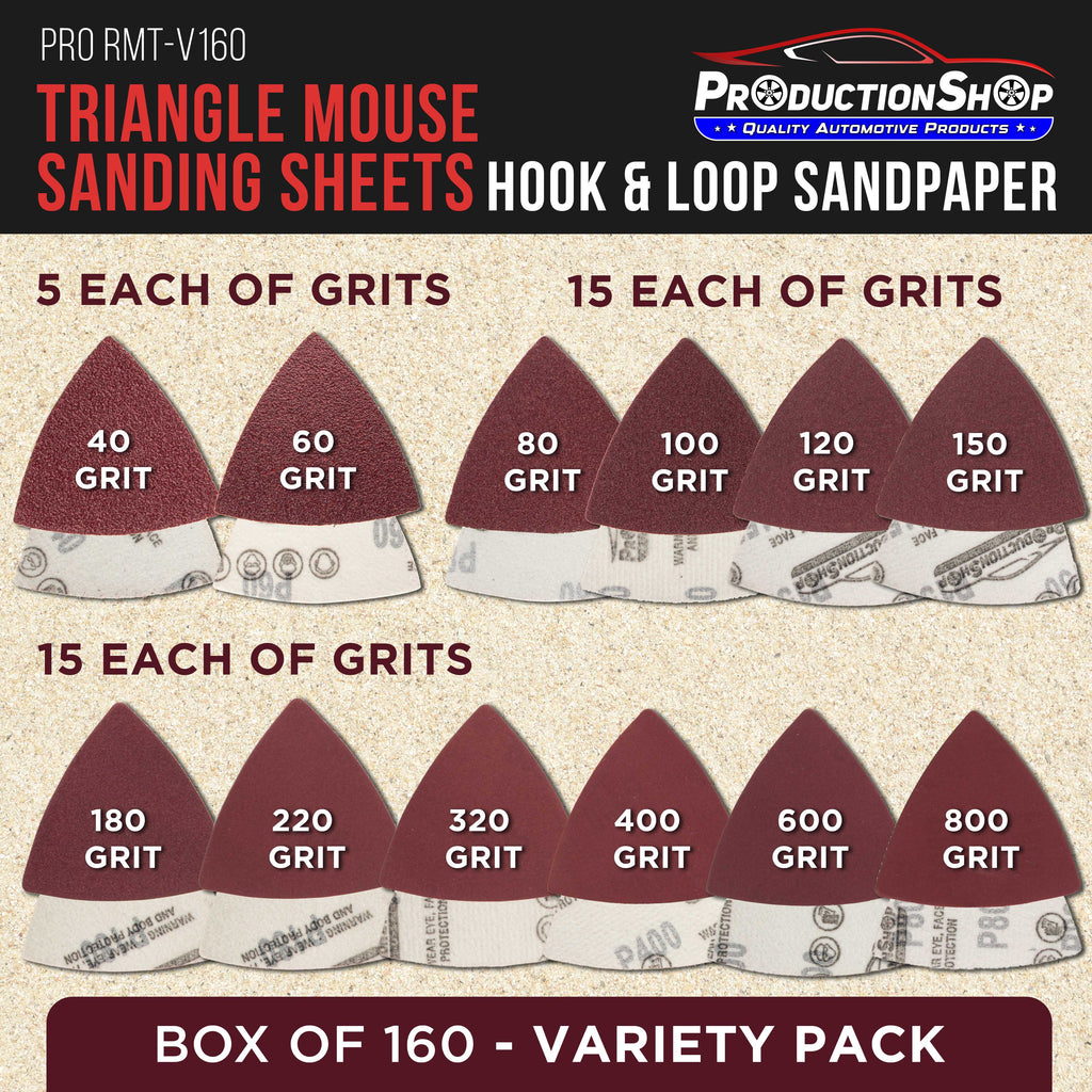 Premium Triangle Mouse Detail Sander Sandpaper Sheets, 160 Disc Variety Pack, Grits 40, 60, 80, 100, 120, 150, 180, 220, 320, 400, 600, 800 - Hook & Loop