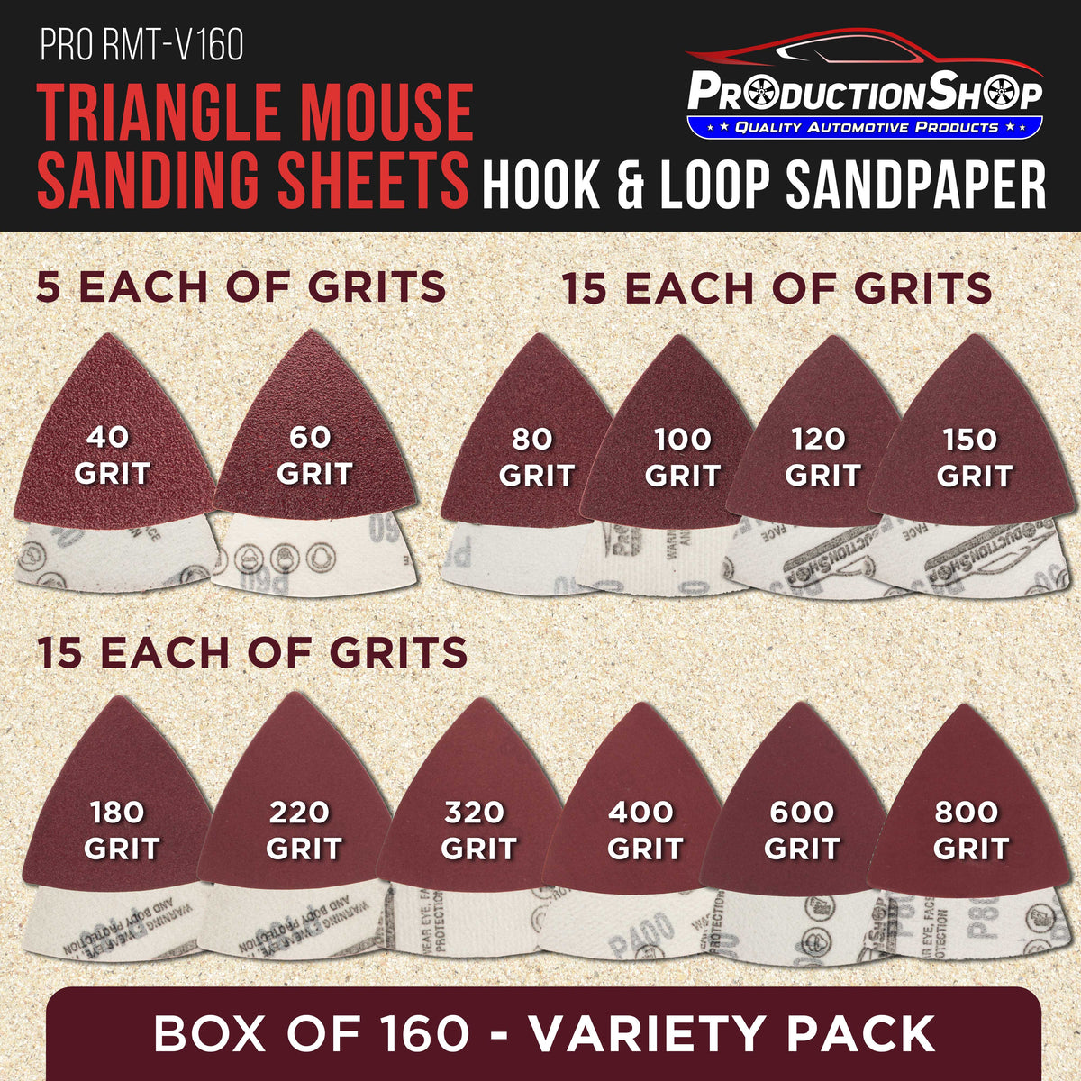 Premium Triangle Mouse Detail Sander Sandpaper Sheets, 160 Disc Variety Pack, Grits 40, 60, 80, 100, 120, 150, 180, 220, 320, 400, 600, 800 - Hook & Loop