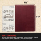 Premium Red 220 Grit 1/4 Sheet Size Red Sanding Sheets, Box of 30 - Hook & Loop Backing Sandpaper, Fine-Cut Abrasive - Fits Palm Sanders, Hand Sanding Blocks