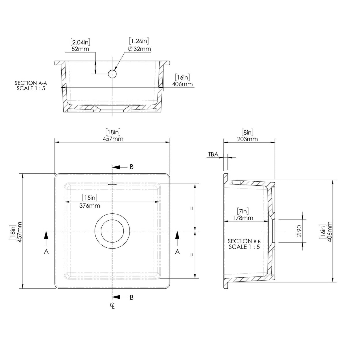 Inspire 457mm Single Bowl Square Inset Sink With Central Waste And Overflow