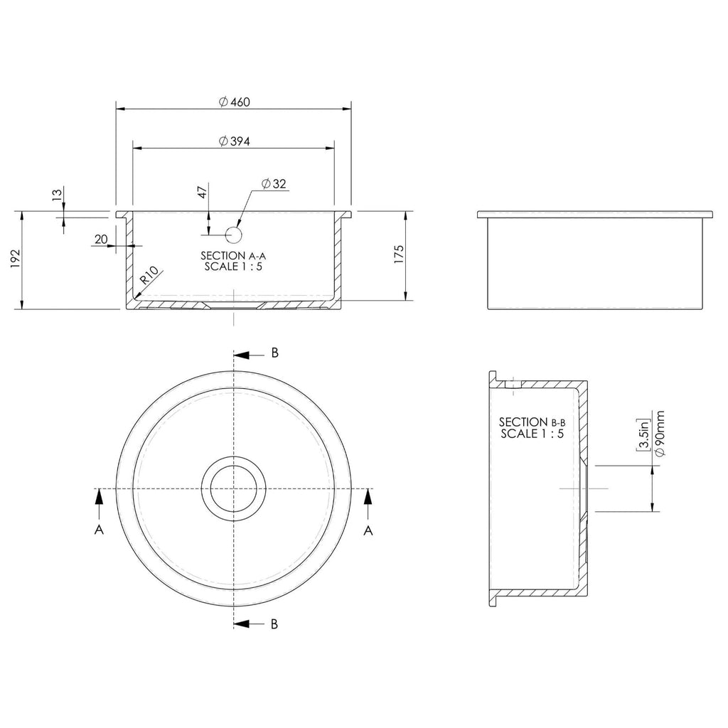 Inspire 460mm Single Bowl Round Inset Sink With Central Waste And Overflow