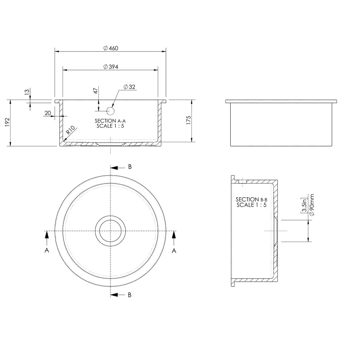 Inspire 460mm Single Bowl Round Inset Sink With Central Waste And Overflow