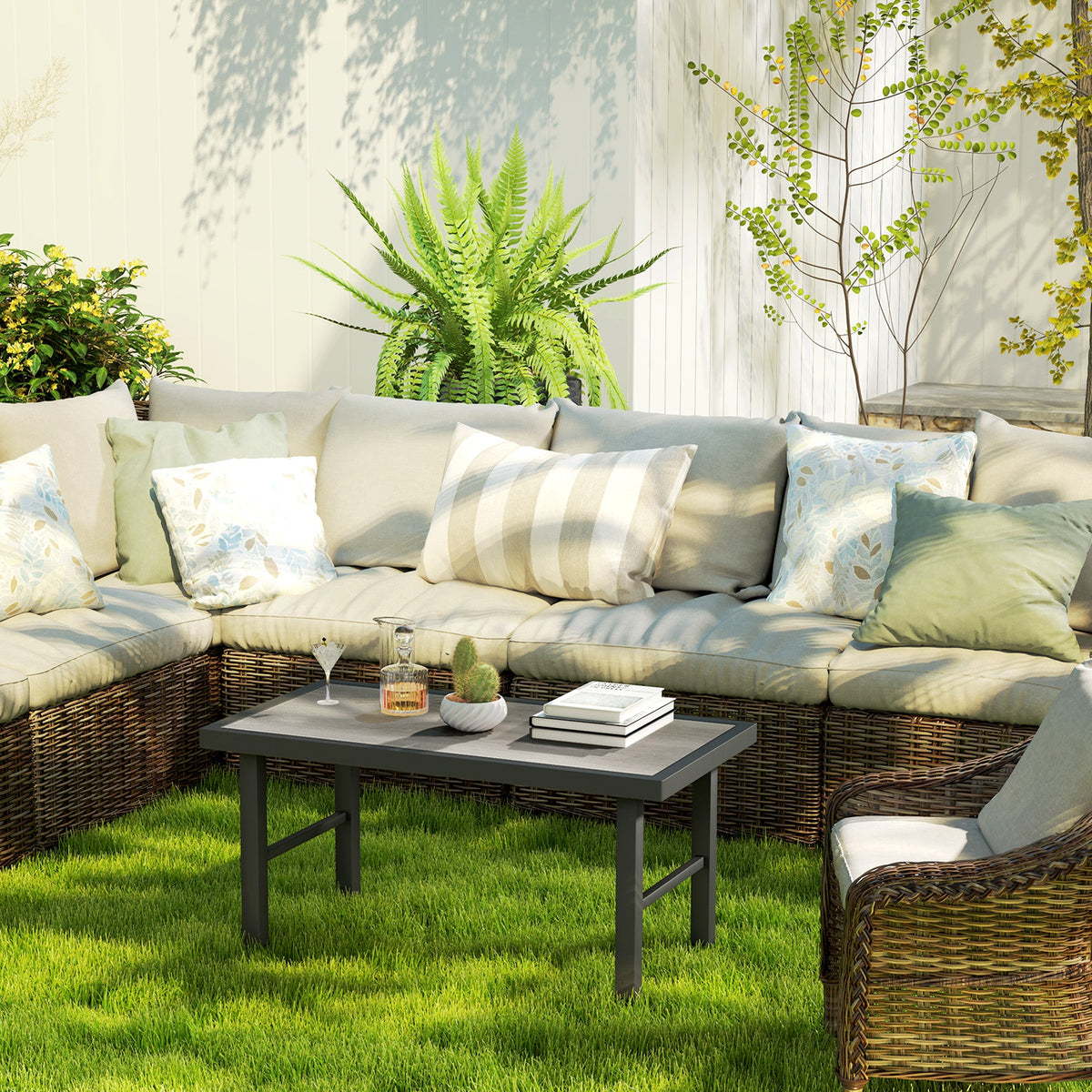 Outdoor Side Table with SPC Woodgrain Tabletop, Metal Patio Coffee Table, Distressed Grey