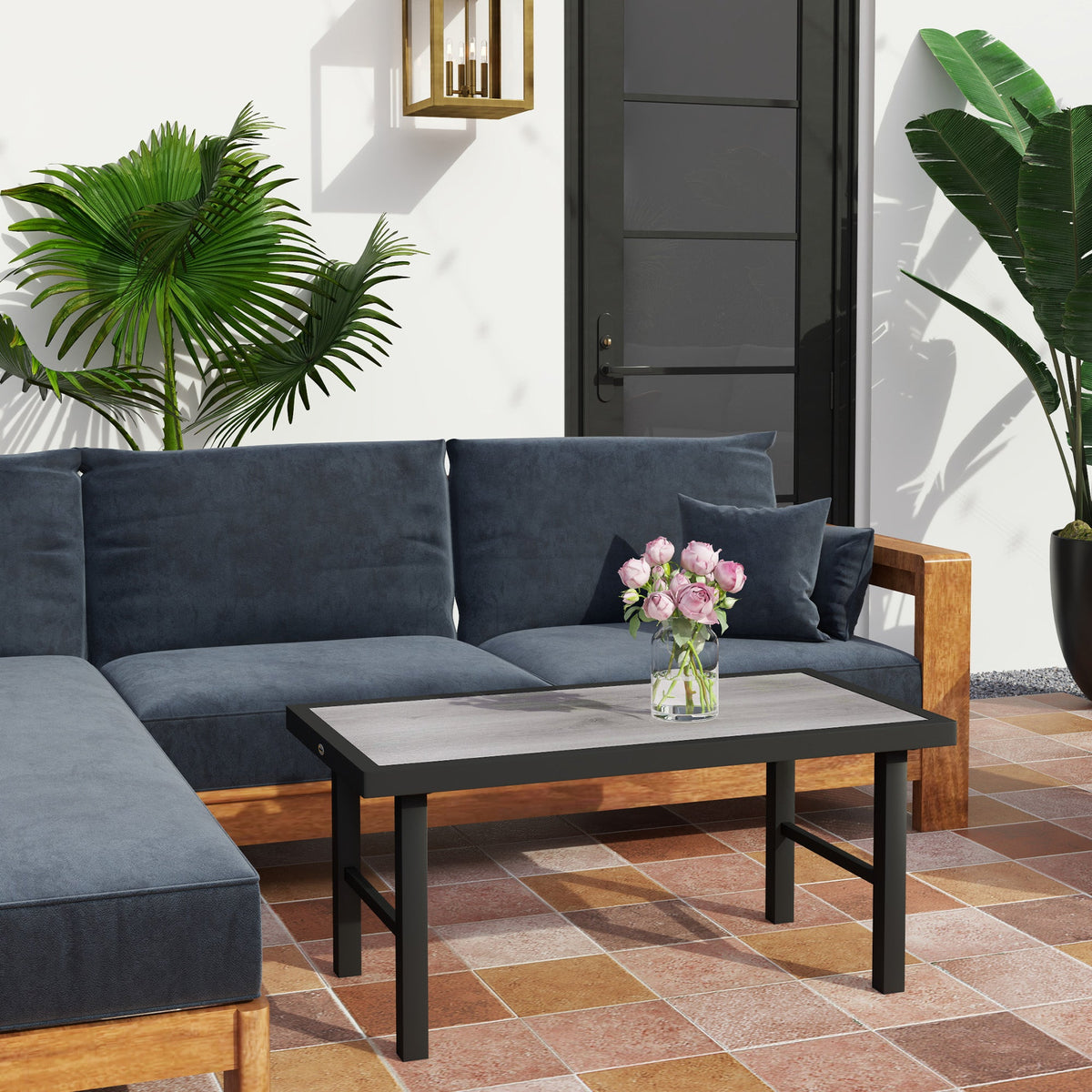 Outdoor Side Table with SPC Woodgrain Tabletop, Metal Patio Coffee Table, Distressed Grey