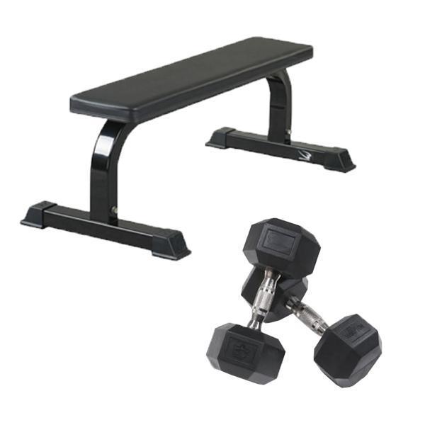 Muscle Motion Package Deal 13 - Flat bench & 4x Pairs of Rubber Hex Dumbbells - 2.5kg, 5kg, 7.5kg and 10kg (Package price)