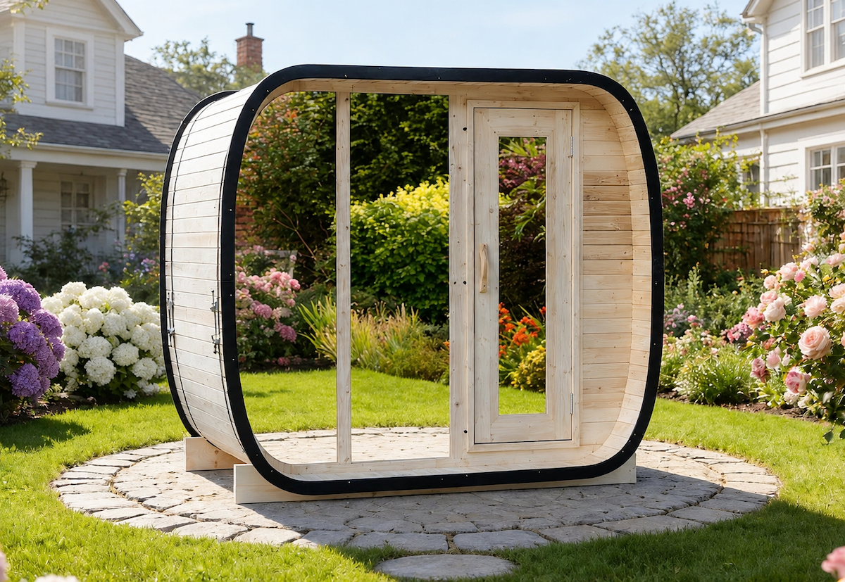 Outdoor Panoramic Pod Sauna with Full Glass Front — Red Cedar / Thermo Wood / Pine | 2-4 Person