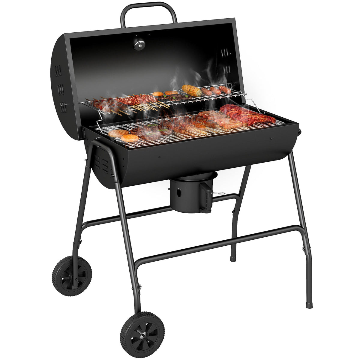 Portable Barrel Charcoal BBQ Trolley Smoker with Wheels, Black