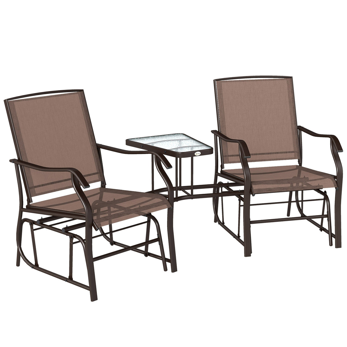Double Patio Glider Chair with Glass Top Center Table, All Weather Breathable Mesh Fabric, Brown