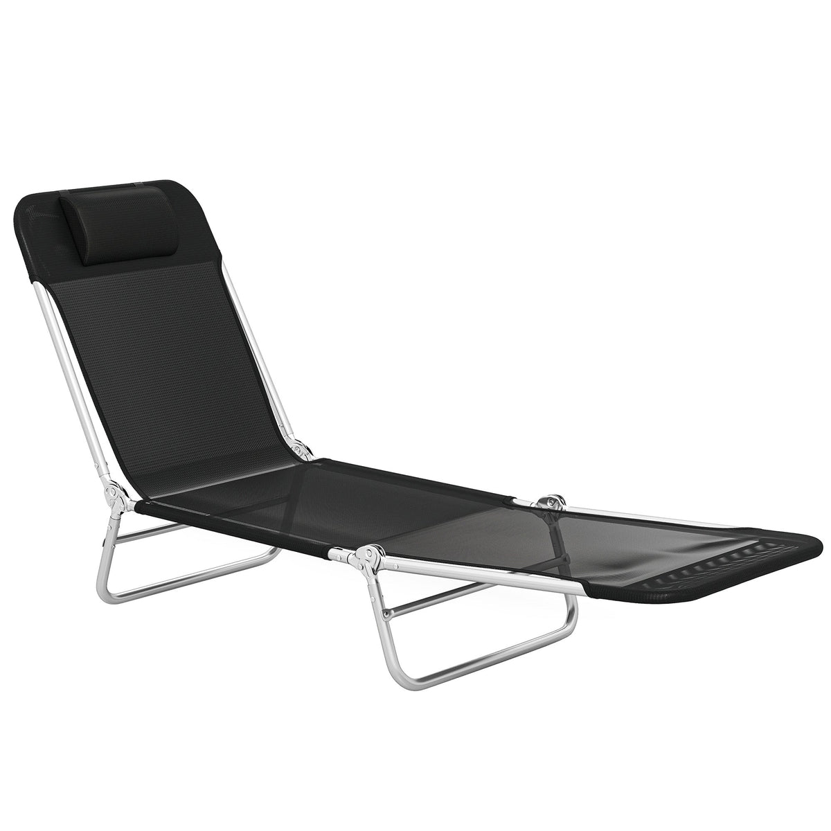 Folding Chaise Lounge Chair with Reclining Back, Breathable Mesh Seat, Headrest for Beach, Yard, Patio, Black