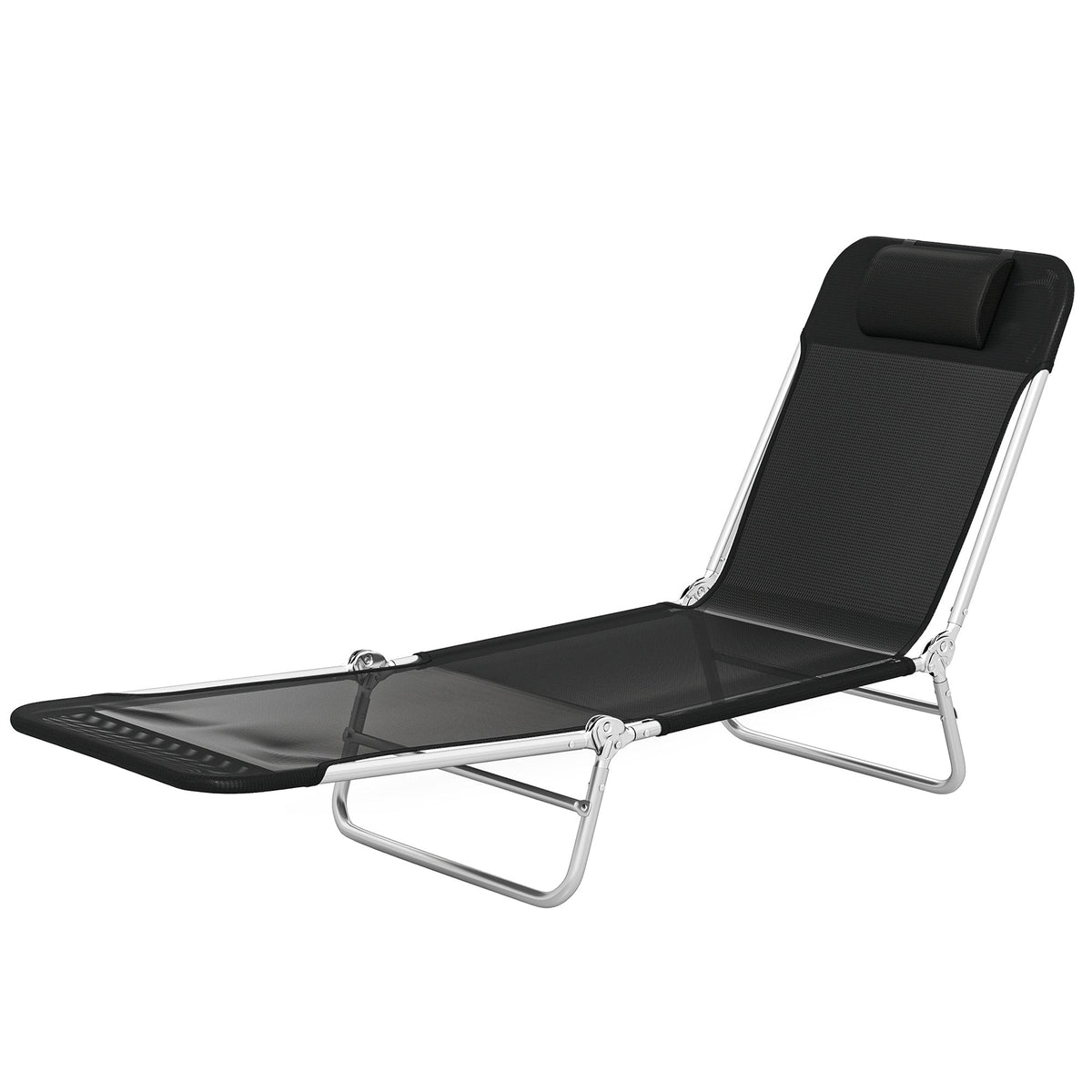 Folding Chaise Lounge Chair with Reclining Back, Breathable Mesh Seat, Headrest for Beach, Yard, Patio, Black