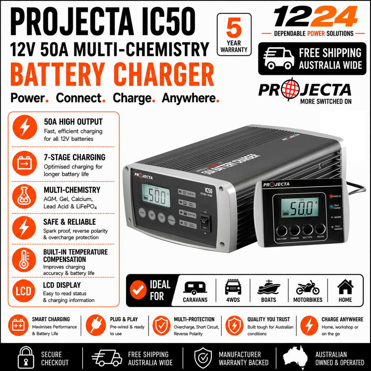 Projecta IC50 12V 50A Multi-Chemistry Battery Charger