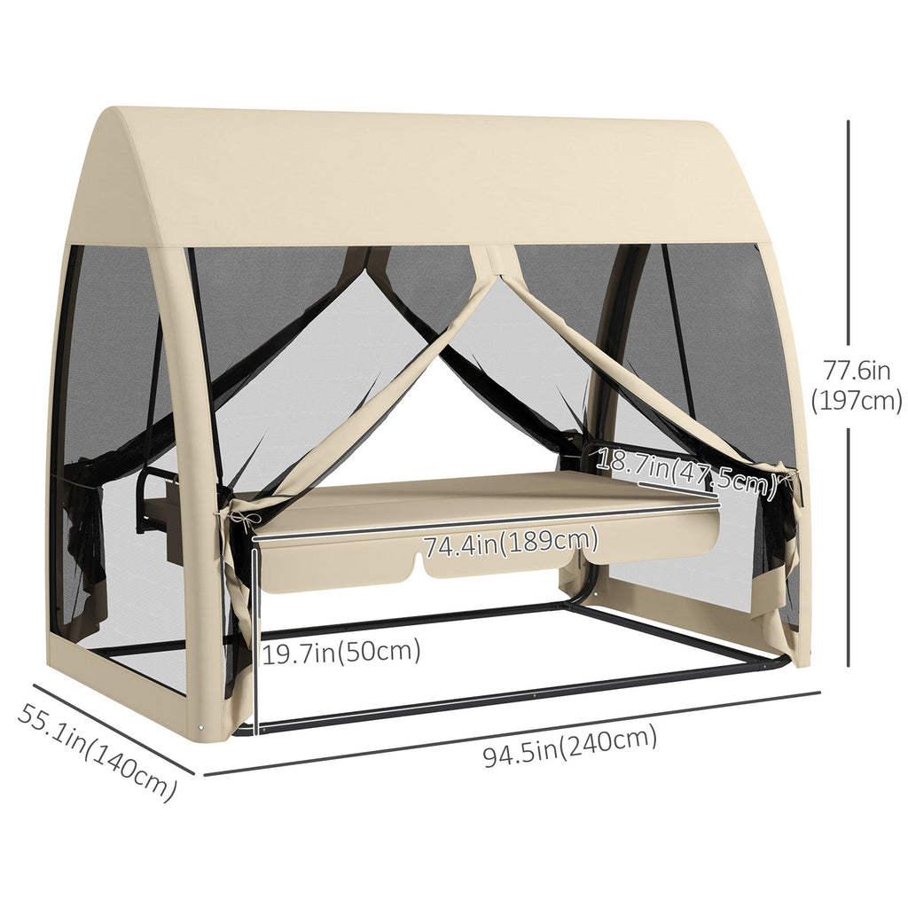 3-Seater Swing Hammock Chair w/ Canopy Netting Walls, Outdoor Lounger Bed, Beige