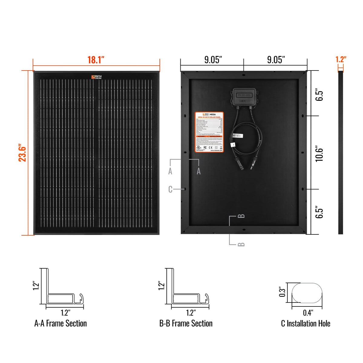 MEGA 50 ONYX | 50 Watt Solar Panel | Compact 12V Off-Grid Solar Panel for Boats, Vans, Trailers | 25-Year Output Warranty | UL Certified