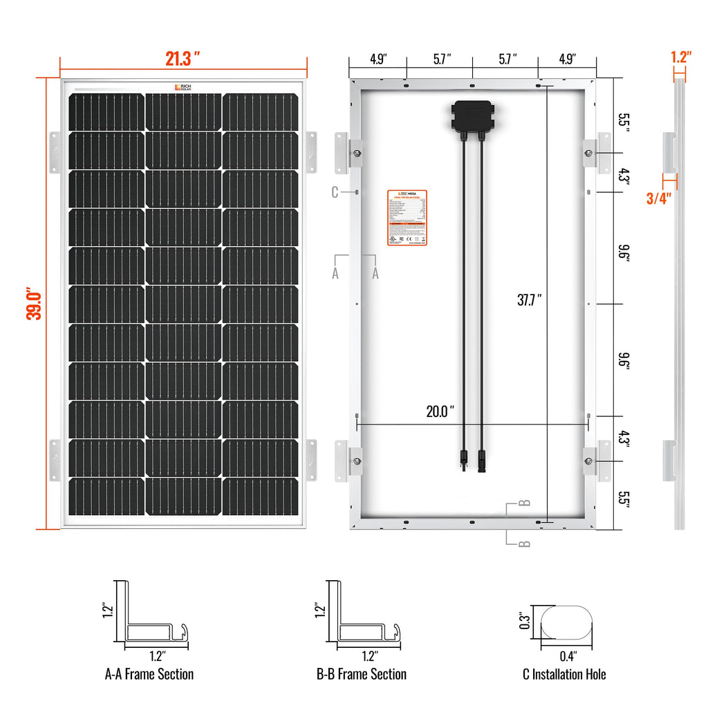 MEGA 100 WITH 3/4" Z BRACKETS | 12V 100W Solar Panel for RV, Boat, Cabins | 22.6% Efficiency, 25-Year Warranty | UL Certified | Pallet Orders Only (44PCS)