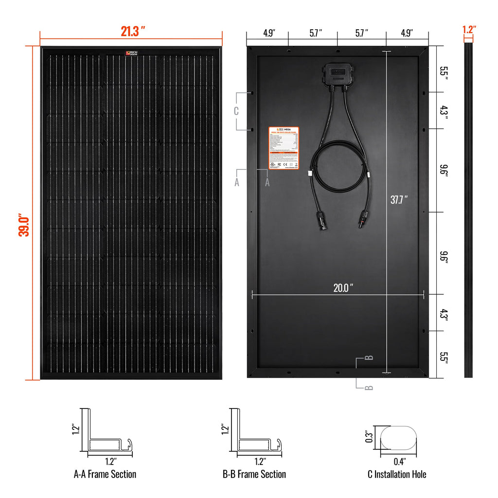MEGA 100 ONYX | 100 Watt Solar Panel | Premier 12V Off-Grid Solar Panel for Vans, Campers, Boats | 25-Year Output Warranty | UL Certified