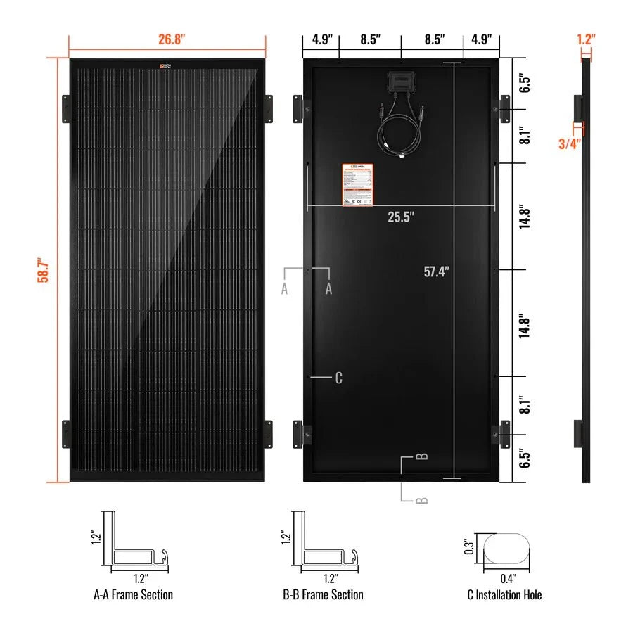 Rich Solar MEGA 200 ONYX 12V 200W Solar Panel With 3/4" Z Brackets