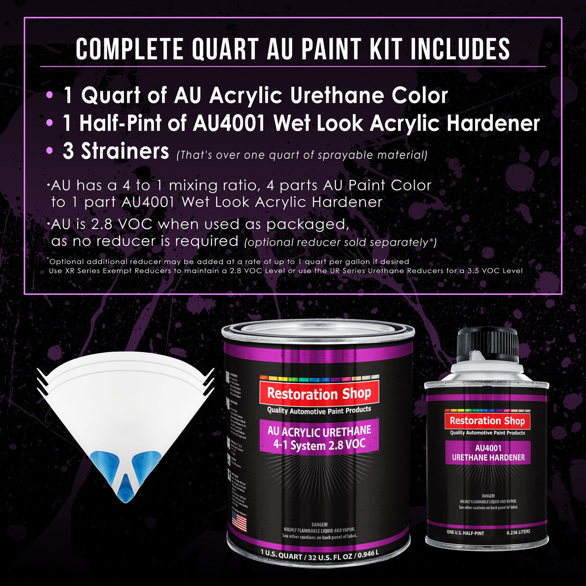 Indigo Blue Metallic Acrylic Urethane Auto Paint - Complete Quart Paint Kit - Professional Single Stage Automotive Car Coating, 4:1 Mix Ratio 2.8 VOC