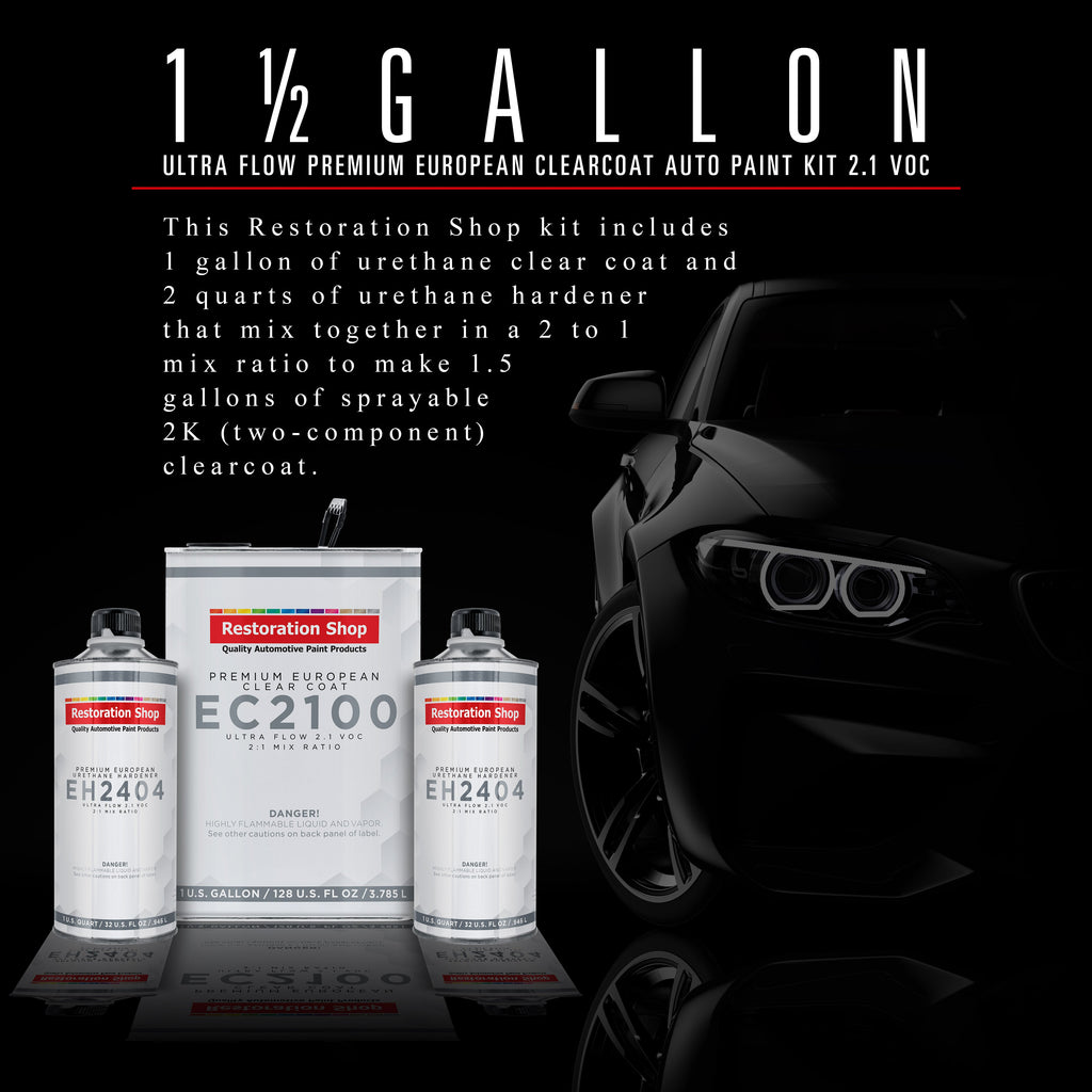1.5 Gallon Ultra Flow Premium European Clearcoat Auto Paint Kit, 2.1 VOC - 1 Gal. Urethane Clear, 2 Qts Hardener, 2:1 Ratio, Coating