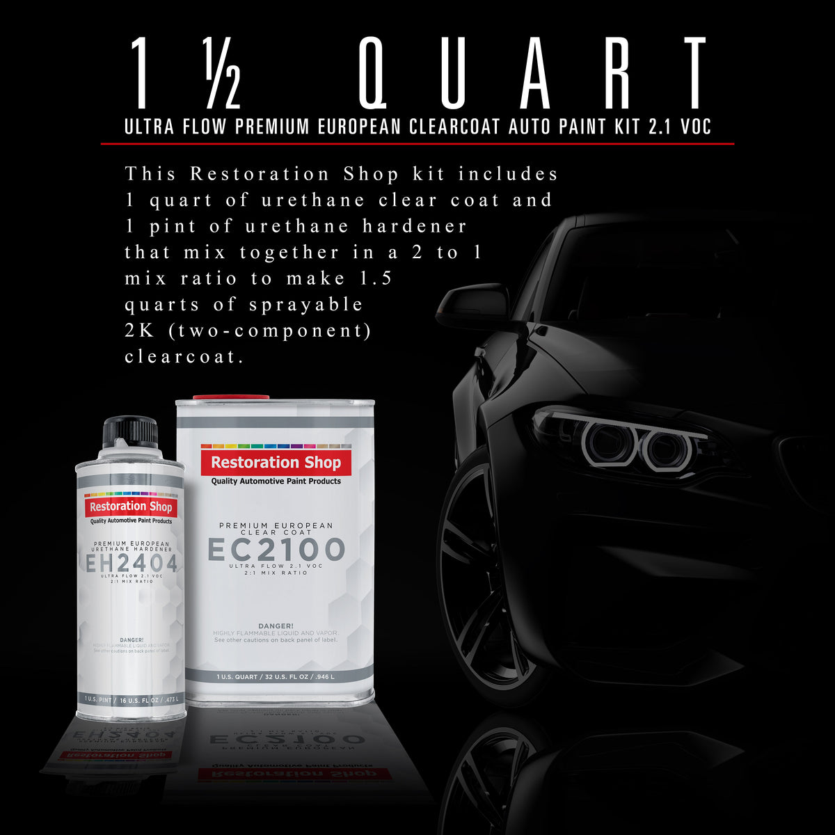 1.5 Quart Ultra Flow Premium European Clearcoat Auto Paint Kit, 2.1 VOC - 1 Quart Urethane Clear, 1 Pint Hardener, 2:1 Ratio, Coating