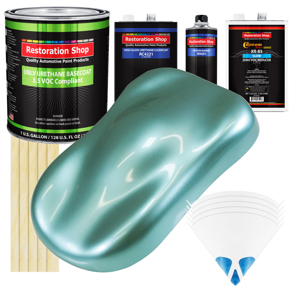 Silver Aqua Metallic - LOW VOC Urethane Basecoat with Clearcoat Auto Paint (Complete Slow Gallon Paint Kit) Professional High Gloss Automotive Coating