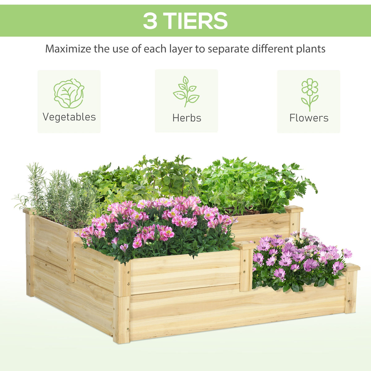 3-Tier Raised Garden Bed, 42.5" x 34.75" x 14.25", Natural