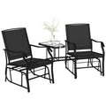 Double Patio Glider Chair with Glass Top Center Table, All Weather Breathable Mesh Fabric, Black