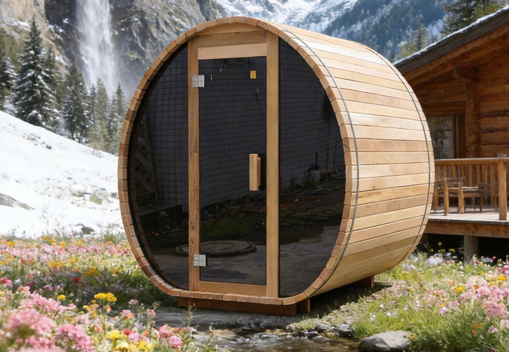 Compact Barrel Sauna with LED Lighting — Red Cedar / Thermo Wood / Pine | 2-3 Person