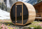 Compact Barrel Sauna with LED Lighting — Red Cedar / Thermo Wood / Pine | 2-3 Person