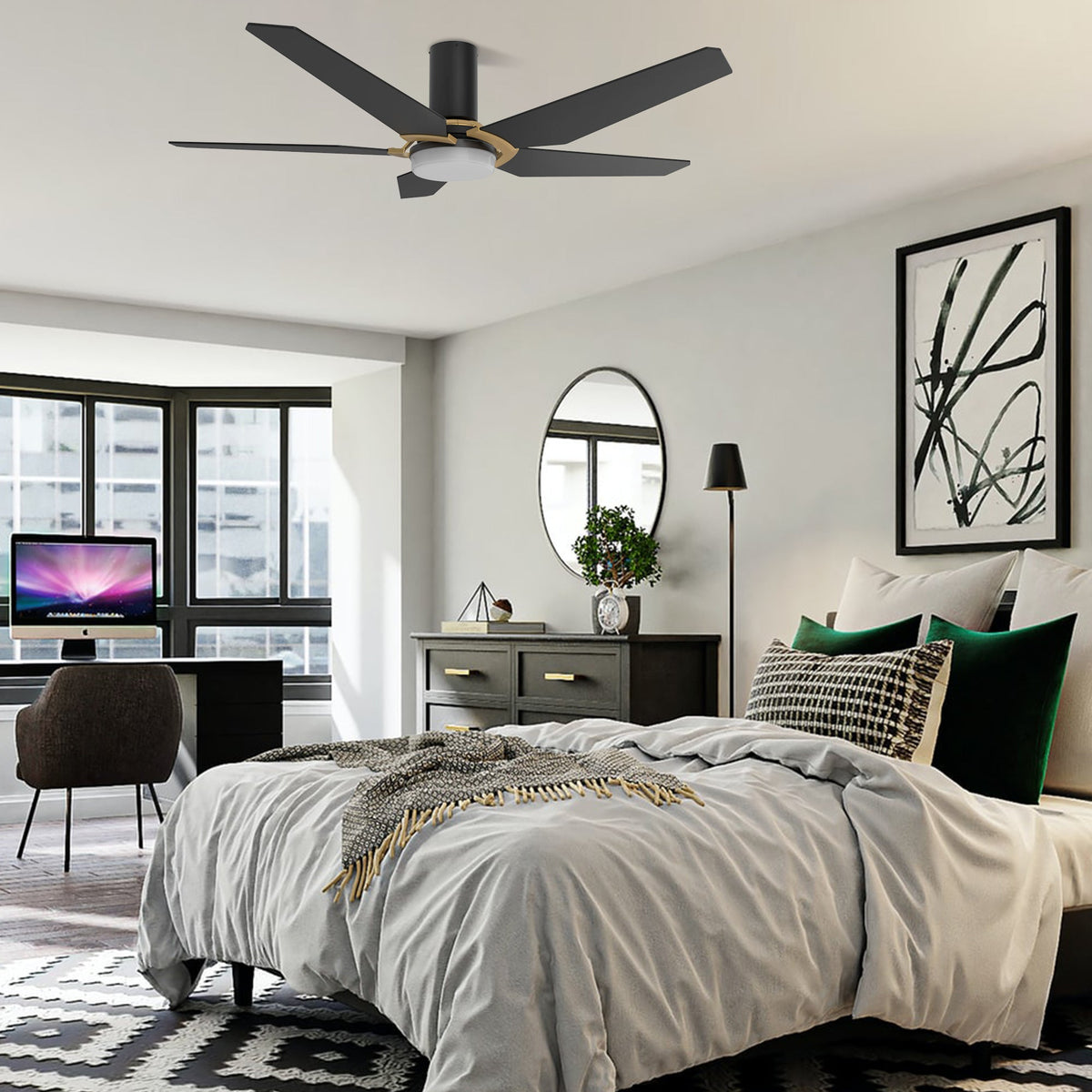 KAJ 48 inch 5-Blade Flush Mount Smart Ceiling Fan with LED Light & Remote