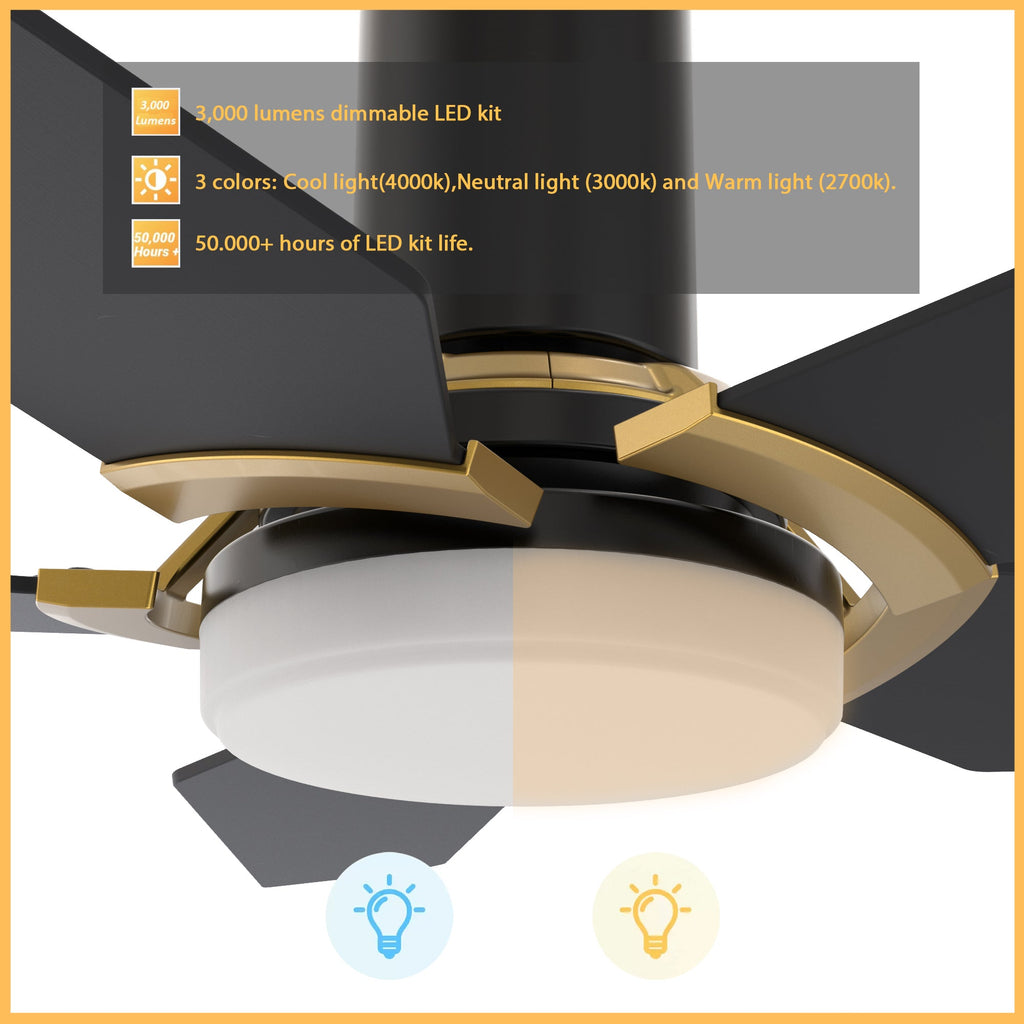 KAJ 48 inch 5-Blade Flush Mount Smart Ceiling Fan with LED Light & Remote