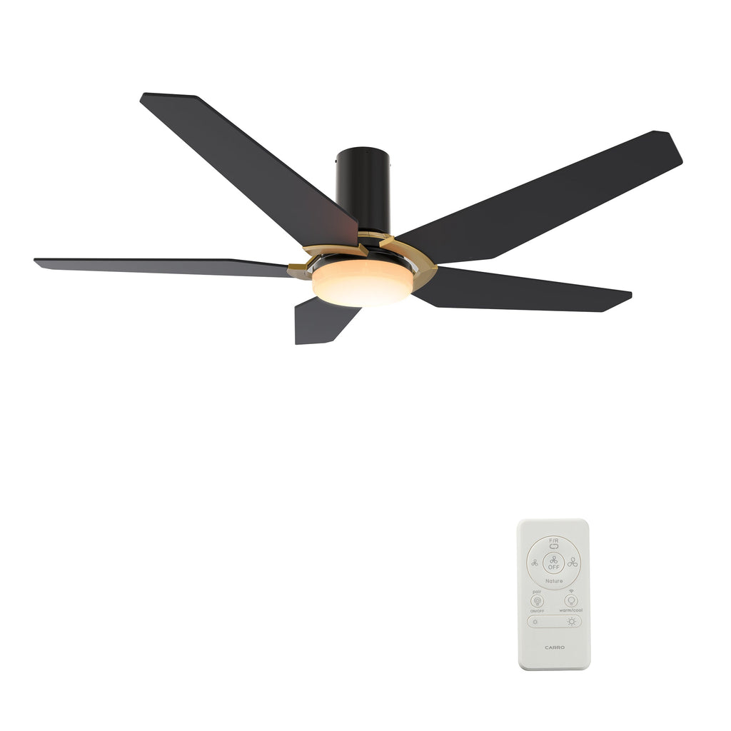 Carro WOODROW 48 inch 5-Blade Flush Mount Smart Ceiling Fan with LED Light Kit & Remote - Black/Black (Gold Detail)