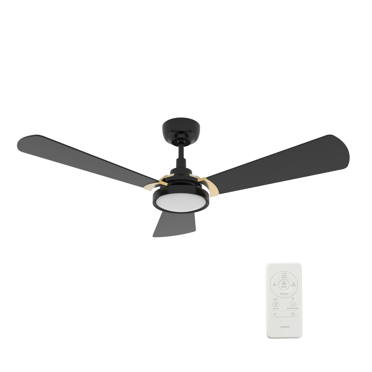 Carro Home BRISA 52 inch 3-Blade Smart Ceiling Fan with LED Light & Remote Control - Black/Black (Gold Details) Fan Blades
