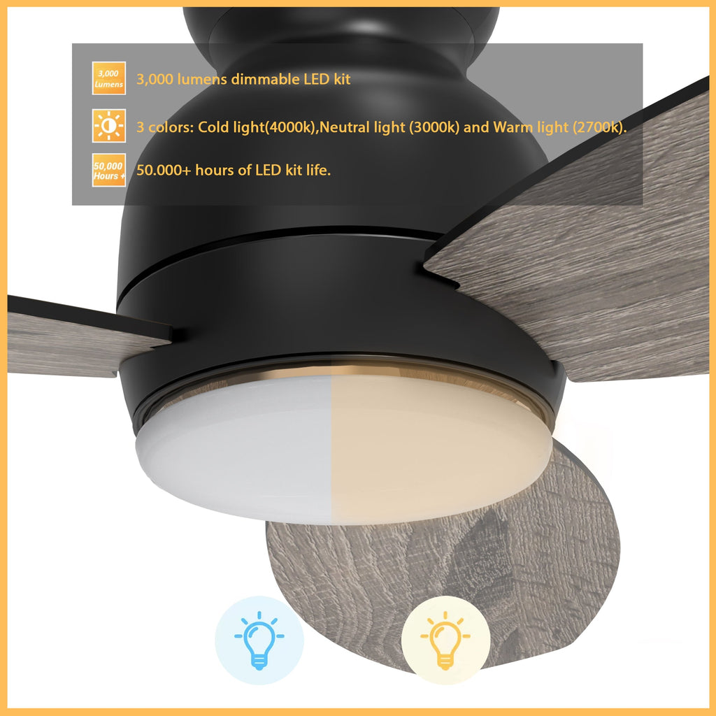 TRENTO 52 inch 3-Blade Flush Mount Smart Ceiling Fan with LED Light & Remote