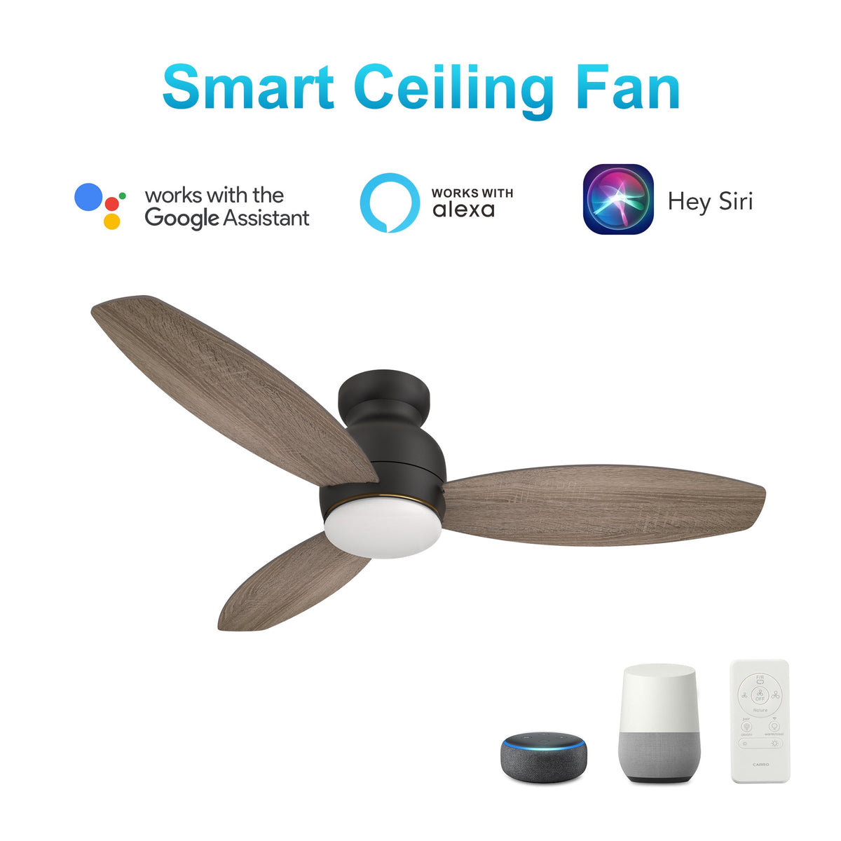 TRENTO 52 inch 3-Blade Flush Mount Smart Ceiling Fan with LED Light & Remote