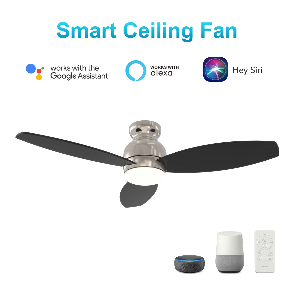 TRENTO 52 inch 3-Blade Flush Mount Smart Ceiling Fan with LED Light & Remote