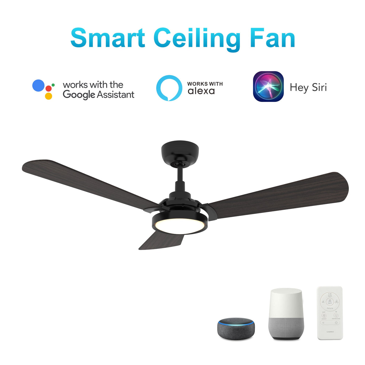 BRISA 52 inch 3-Blade Smart Ceiling Fan with LED Light & Remote