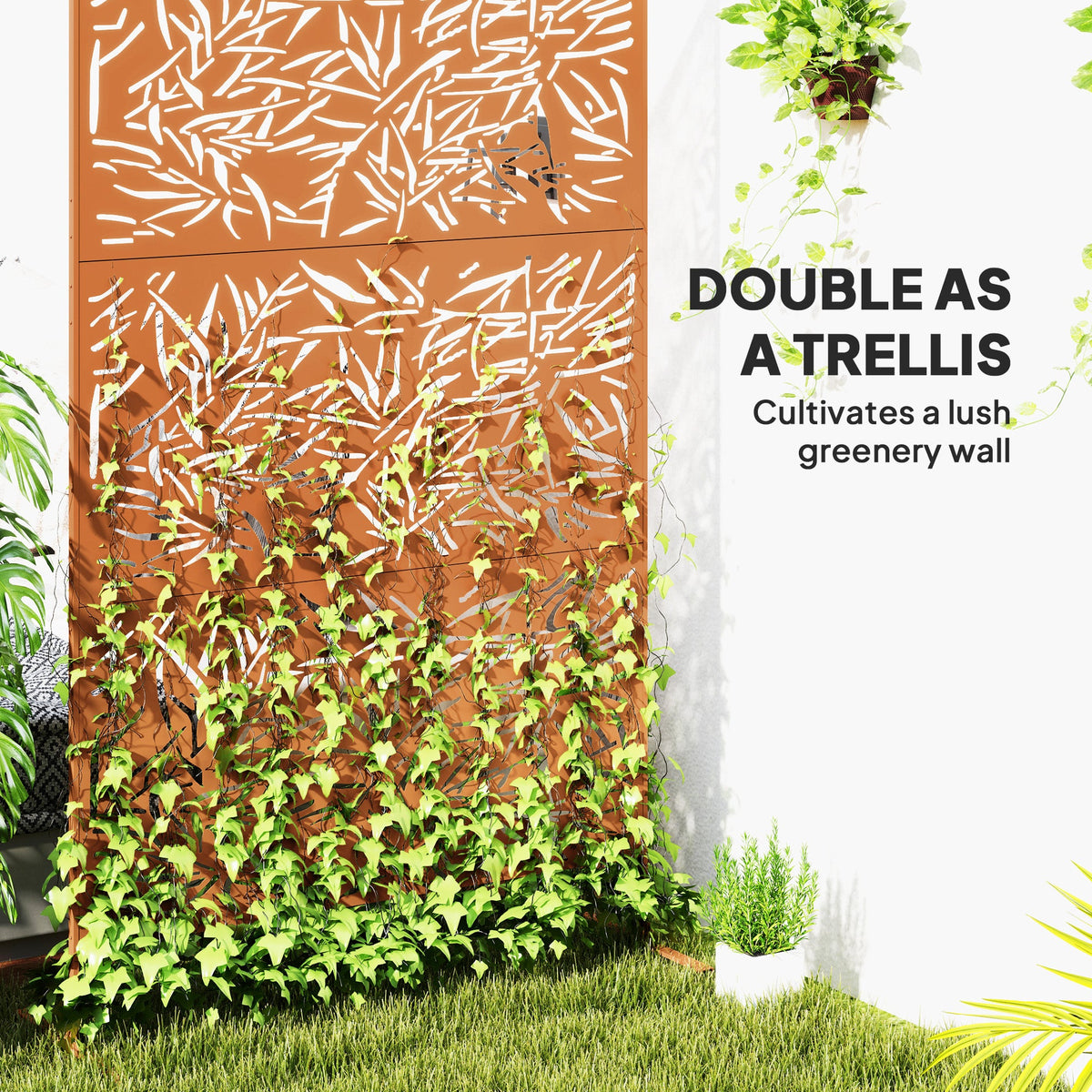 78" x 48" Metal Outdoor Privacy Screen with Climbing Plant Trellis and Stand, Bamboo Brown