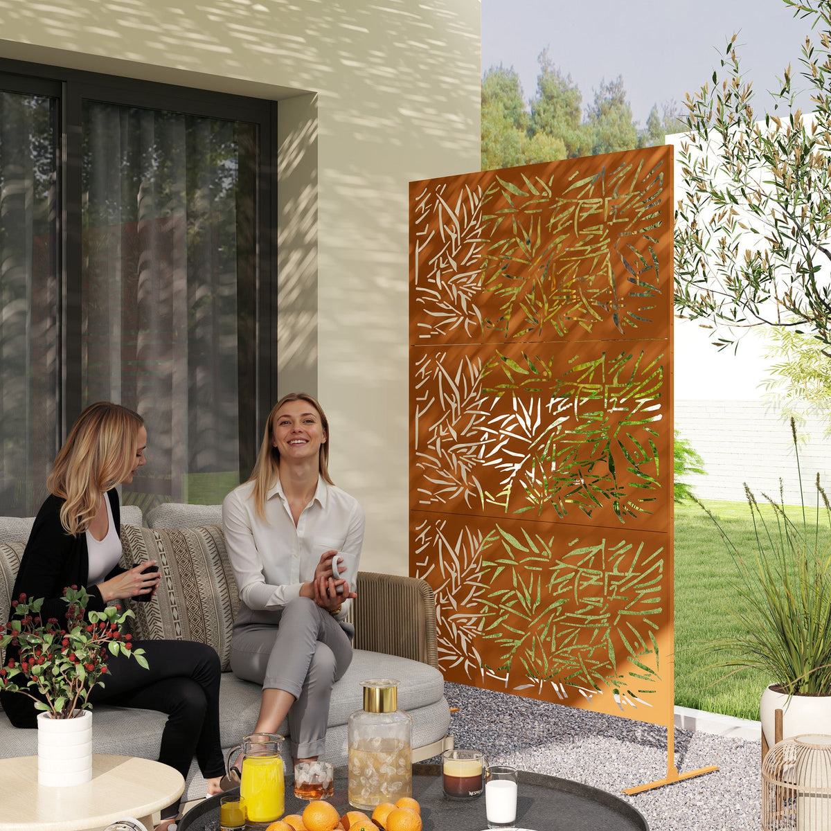 78" x 48" Metal Outdoor Privacy Screen with Climbing Plant Trellis and Stand, Bamboo Brown