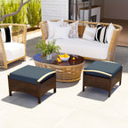 2 PC Outdoor Wicker Ottomans & Footstools with Removable Cushion for Backyard, Navy Blue
