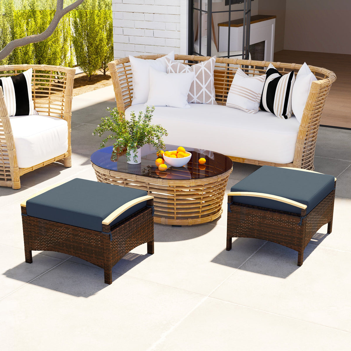 2 PC Outdoor Wicker Ottomans & Footstools with Removable Cushion for Backyard, Navy Blue